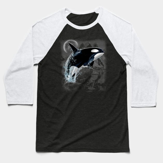 Orca whale dancing in moonlight Baseball T-Shirt by KA Creative Design